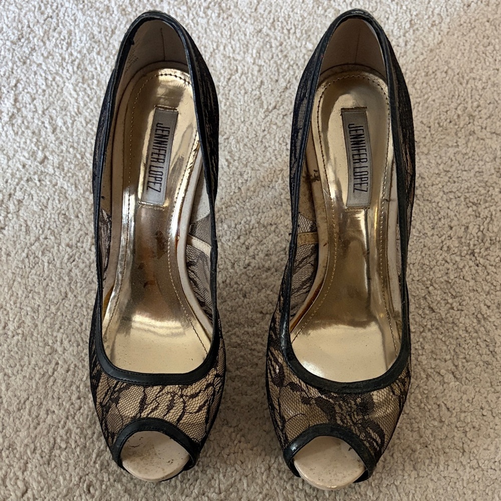 Jennifer Lopez Black and Gold Lace Peep Toe Heels